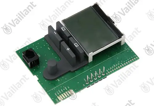 Vaillant Anzeige mit Display und Tasten. Die Platine enthält Verbindungen für die Integration in ein Heizsystem.